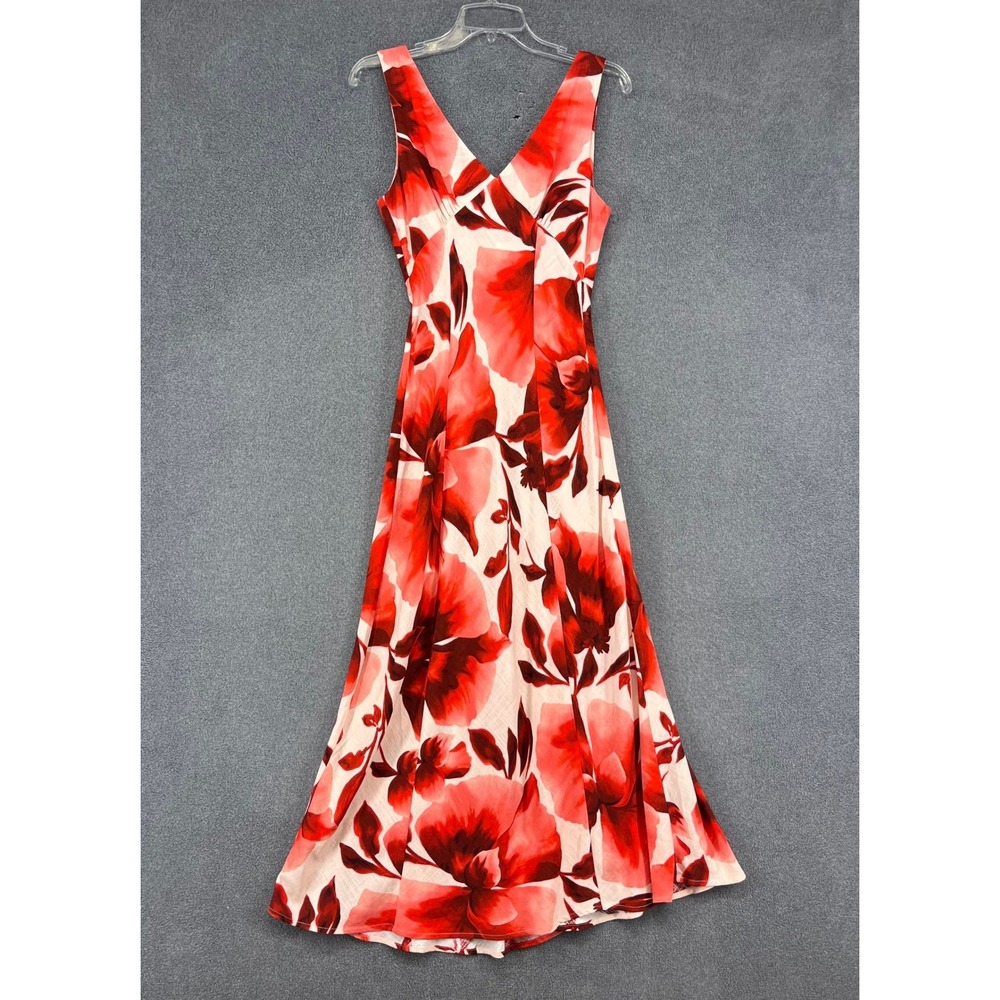 Paper Heart Maxi Dress Womens Small Red Floral Linen Blend V-Neck Sleeveless New